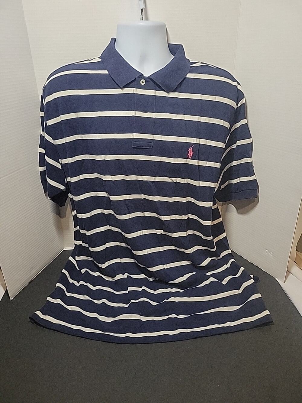 Vintage 90s Ralph Lauren Shirt Mens XL Navy Striped Short Sleeve Polo Casual